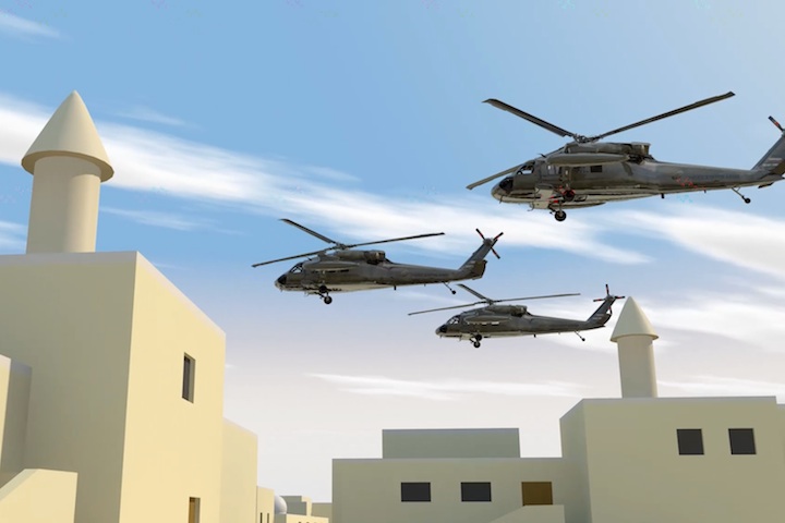 Helikoptery nad miastem w 3D
