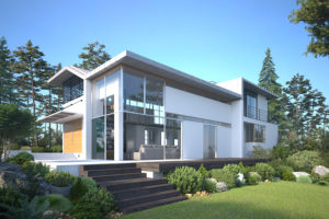 Wizualizacja 3D domu z ogrodem